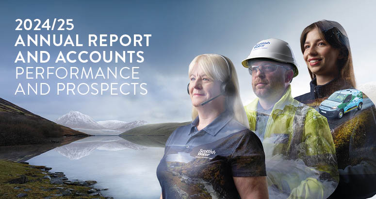 Annual Report front cove with title, three Scottish Water employees against a reservoir and mountain background