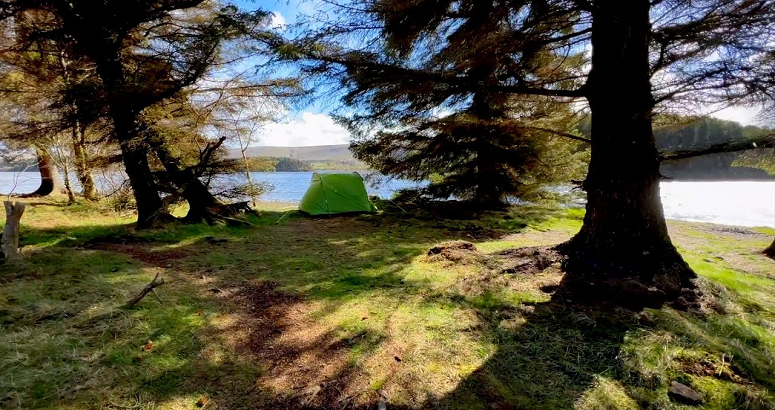 A tent pitched in woods at the edge of a reservoir