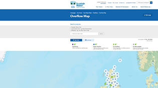 screenshot of the overflow map page showing Scotland with overflow icons
